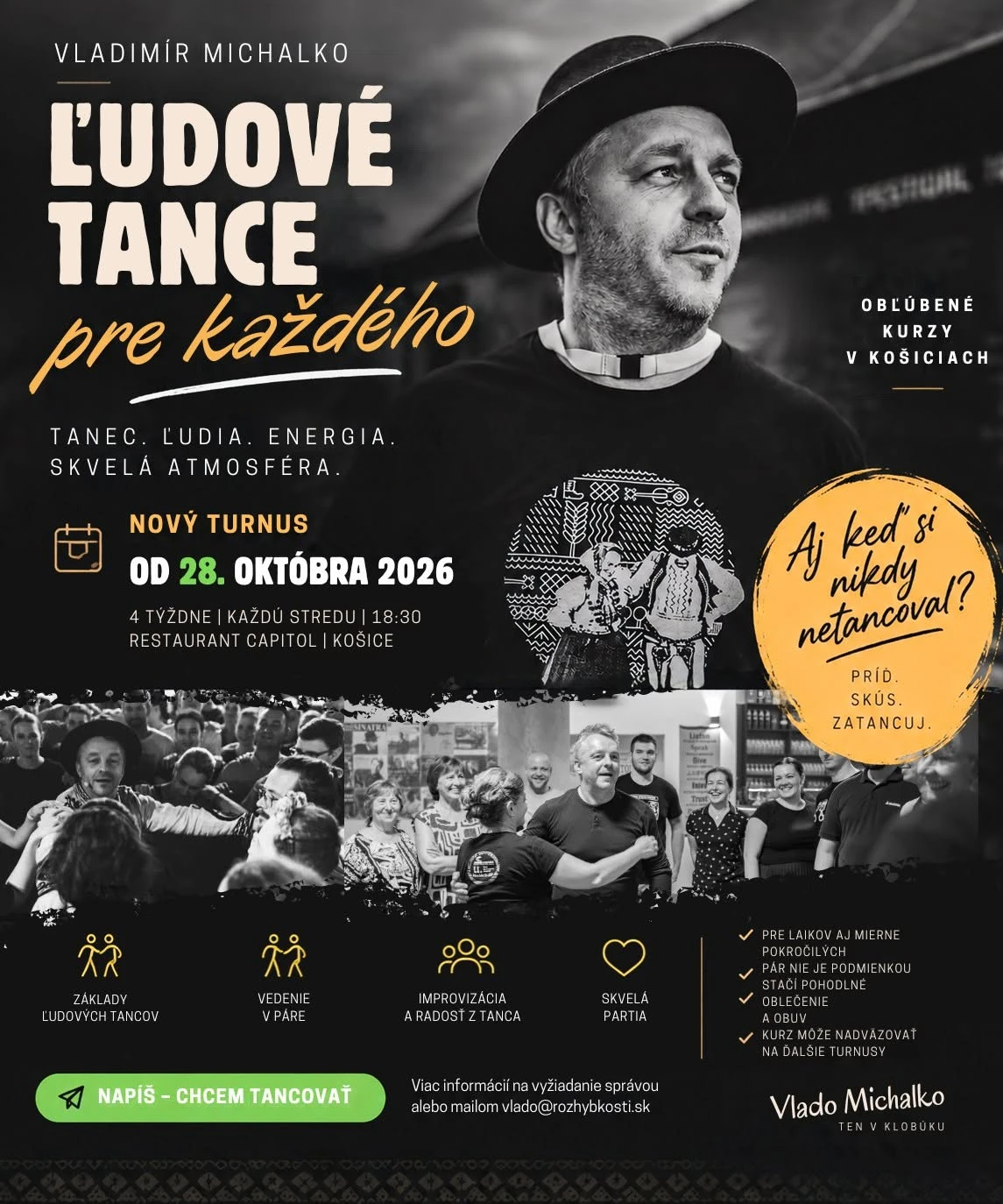 Plagát: Vladimír Michalko — Ľudové tance pre každého. Nový turnus od 28. októbra 2026, každú stredu o 18:30, Restaurant Capitol, Košice.